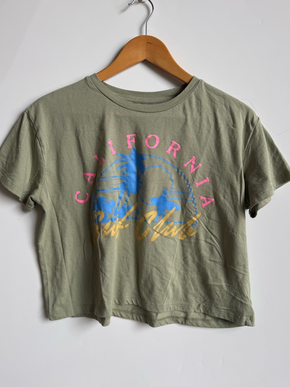 Grayson Threads Olive Green Graphic Crop Tee with Pink & Blue Print